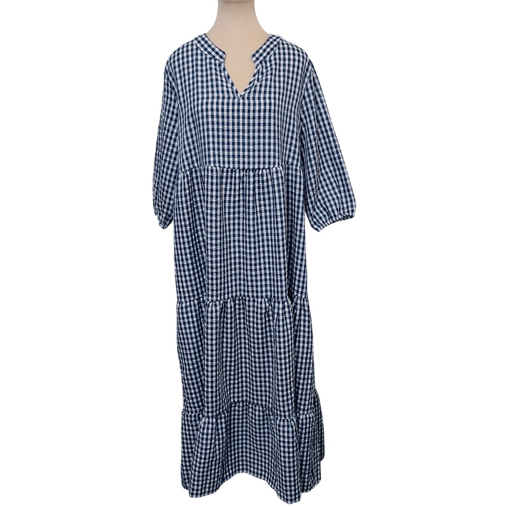 Gingham Blue White Tiered Maxi Dress Women XL Casual Cottagecore Checkered